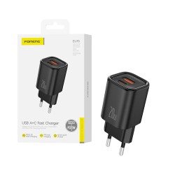 Foneng Adapter EU70 2 Ports USB+Tipo-C PD 20W Black